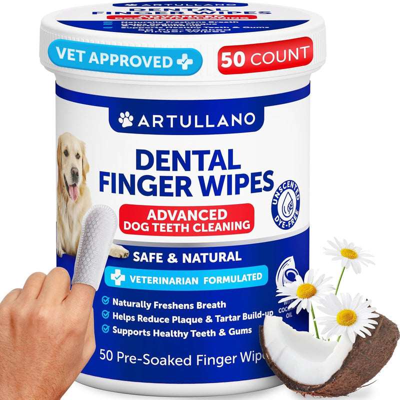 Dog Teeth Cleaning Wipes - 50 Dog Dental Care Finger Wipes - Finger Toothbrush for Removing Plaque, Tartar Buildup, Bad Breath - Oral Freshness, Healthy Teeth & Gum Support with Coconut Oil, Unscented 50 count