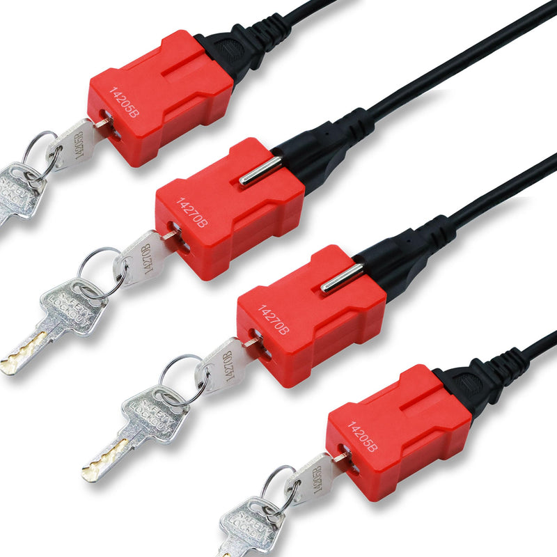 4PCS Plug Lock Electrical Cord Plug Lockout Device Plug Locking Safety Locks Fits 2 & 3 Prong Plugs Electrical Shutdown Service Keyed Different, 2 Keys Red-4