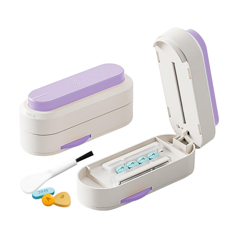 Multiple Pill Cutter - Pill Cutter Splitter for Small Tiny Large Pills Professional | Vertical Press-Down Cutting & Adjustable | Sturdy Blade & Guard | Includes Cleaning Brush (Purple) Purple
