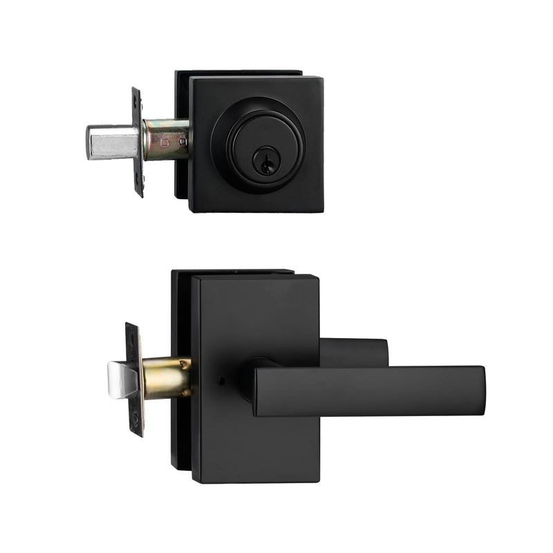 Matt Black Exterior Door Lock Setl, Front Door Handle with Deadbolt Lock, Heavy Duty Entry Door Handlset 1 Rectangle