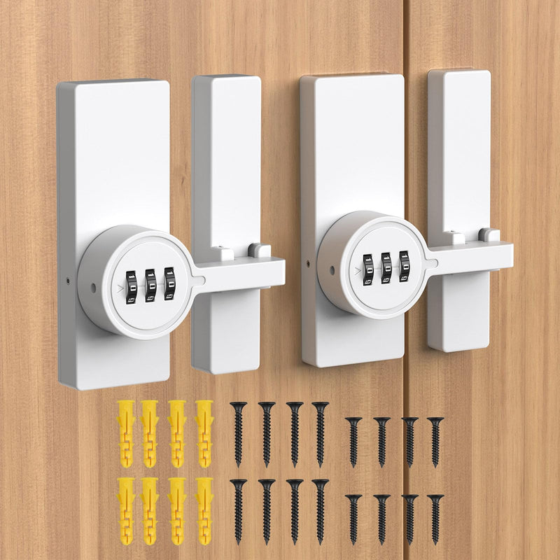 180 Degree Flip Barn Door Lock, Password Keyless Adhesive Sliding Door Lock, 3-Digit Combination Security Cabinet Latch for Gate, Storage, Closet - Paste/Screw Mount (White-2PCS) White-2PCS