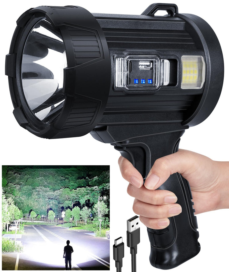 Rechargeable Spotlight,99,000 LM Super Bright Handheld Spot Light LED Flashlight High Lumens,Powered Spotlight Large Searchlight Outdoor with Solar Panels & COB Light for Boat Camping Hunting
