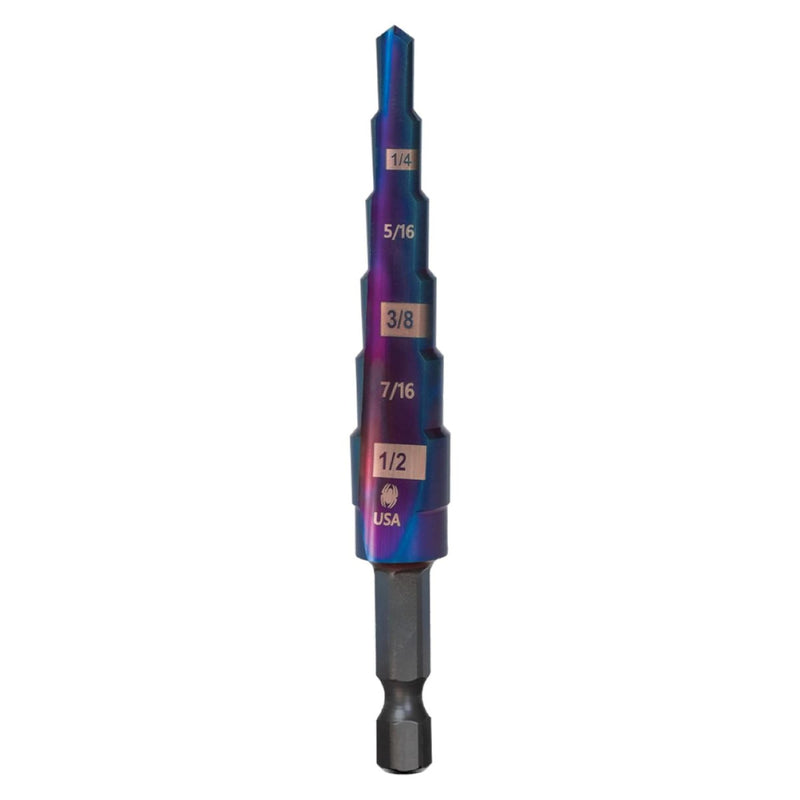 Spyder 3/16 to 1/2-inch Hex Shank 6-Step HSS Drill Bit with Mach-Blue Armor Plating for Steel, Aluminum, Stacked Materials, and More 3/16-Inch to 1/2-Inch