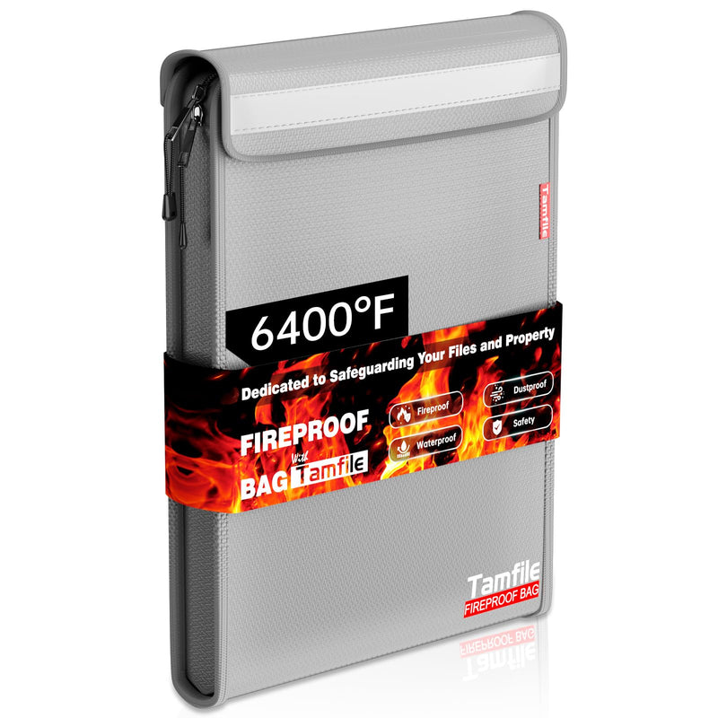 6400℉ Fireproof Document Bag with Zipper, 15”x 11” Waterproof Fireproof Money Bag with 2 Pockets, Safe Important Document Organizer for A4 A5 Legal Letter Size, Valuables, Legal Documents (Grey) Grey 15"x 11"