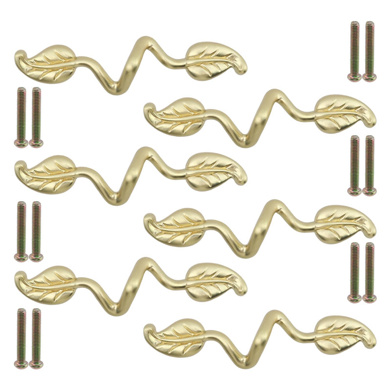 6pcs Leaf Shape Drawer Pull Handle 3" Hole to Hole Gold Twig Branch Cabinet Pulls 4.72" Length Zinc Alloy Dresser Handles Knobs for Closet Furniture Wardrobe Cupboard, with Screws (Gold)