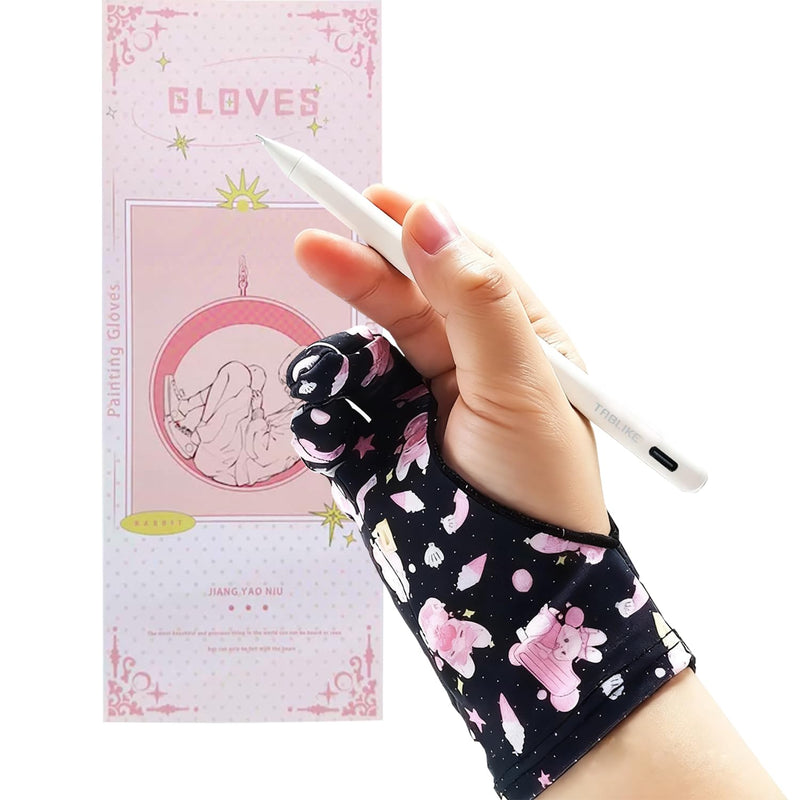 Artist Drawing Glove, Breathable Two Finger Digital Art Glove 3-Layer Palm Rejection Right/Left Hand Digital Graphic Tablet Medium Black-Pink
