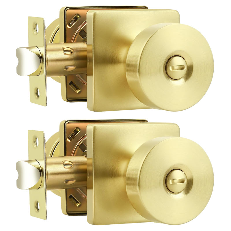 Probrico Bedroom Door Knob Brushed Gold Finish, 2 Pack Standard Size Interior Door Handles with Privacy Locking Function, Square Panel Knob for Bathroom