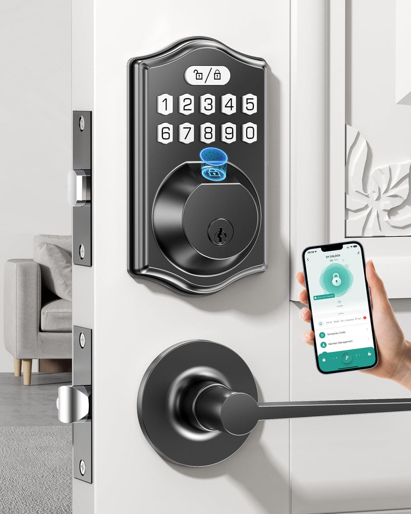 Smart Door Lock Set for Front Door with 2 Lever Handles: Keyless Entry via Fingerprint & Digital Keypad - Electronic Deadbolt App Control and Auto Lock for Easy Installation & Family Security Black