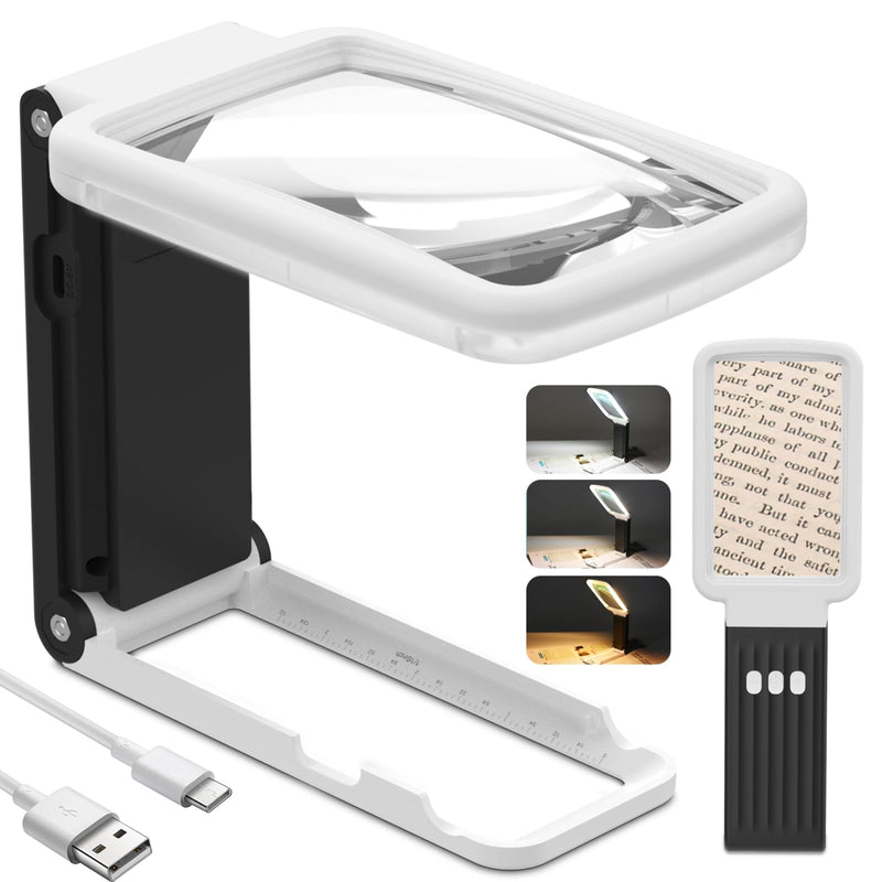 15X Magnifying Glass with Light and Stand, Real Glass Lens, Rechargeable Foldable Handheld Magnifier, 3 Color Modes Dimmable Lighted Page Magnifier for Reading Fine Prints, Low Vision Seniors White Black 15X