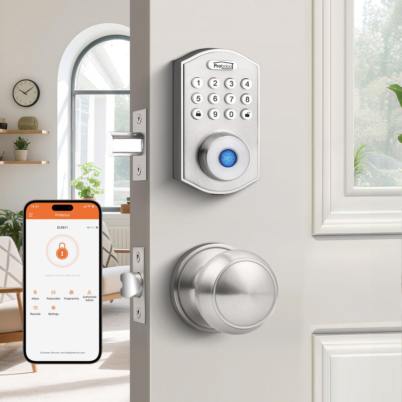 Probrico Smart Keyless Entry Door Lock with Knob Set, Fingerprint Digital Door Lock for Front Door, Door Knob with Electronic Keypad Deadbolt Lock, Auto Lock, App, Satin Nickel