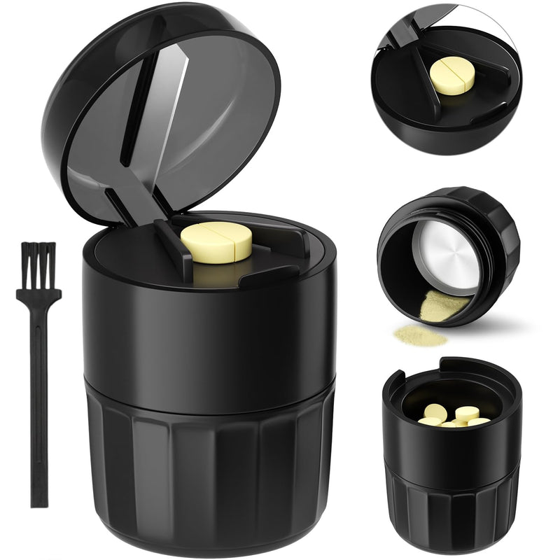 Renmingfed 3-in-1 Pill Crusher Pills Grinder, Pill Crushers Fine Powder with Stainless Steel Grinding Pestle, Pills Grinders for Elderly and Pets with Tablet Cutter and Storage (Brush Included) Black