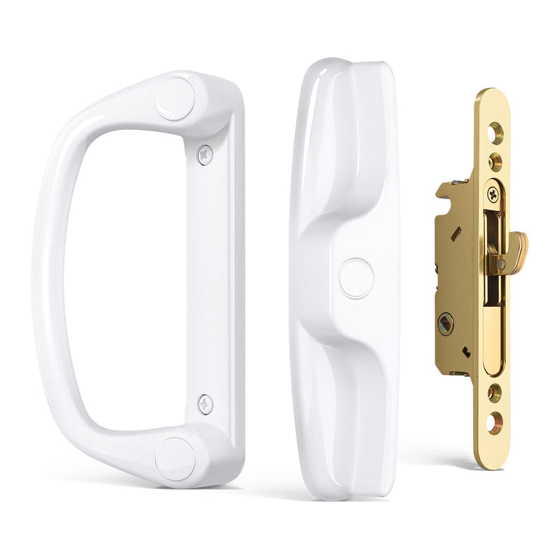 Probrico Patio Sliding Door Handle Set with Mortise Lock, Non-Keyed Sliding Glass Door Handles Replacement 45°, Reversible White Sliding Door Lock Set 3-15/16" Hole Spacing, 1" to 2" Thick Doors Handles(Non-Keyed) + Mortise Lock