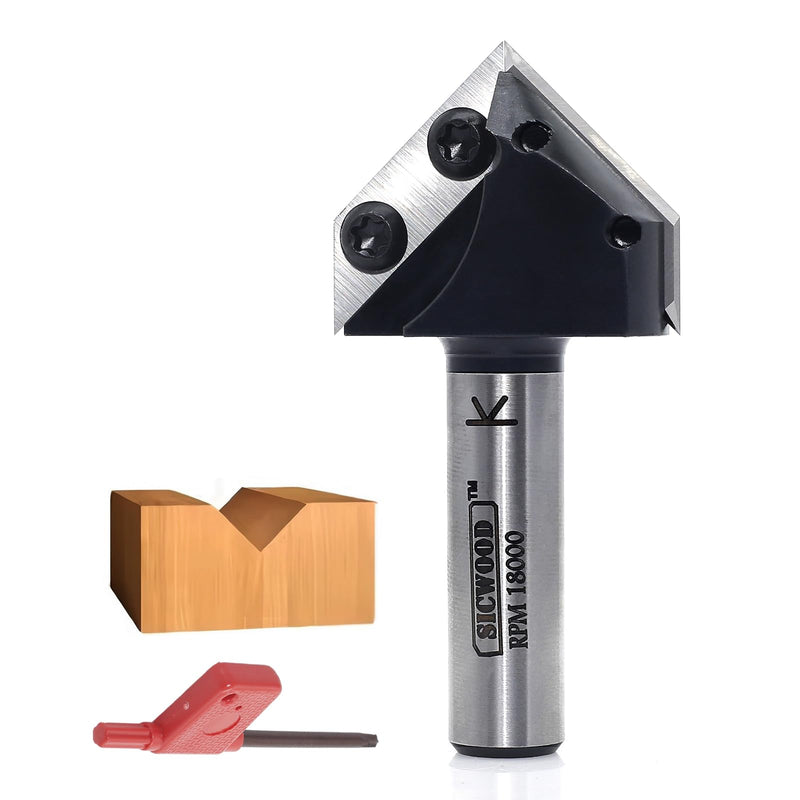 Insert Carbide V-Groove 90-Degree Router Bit 1/2 Inch Shank, Replacement Blade V Grooving CNC Router Bits, for Wood 2D/3D Signmaking, Lettering & Engraving, by SICWOOD 90° 1/2shank