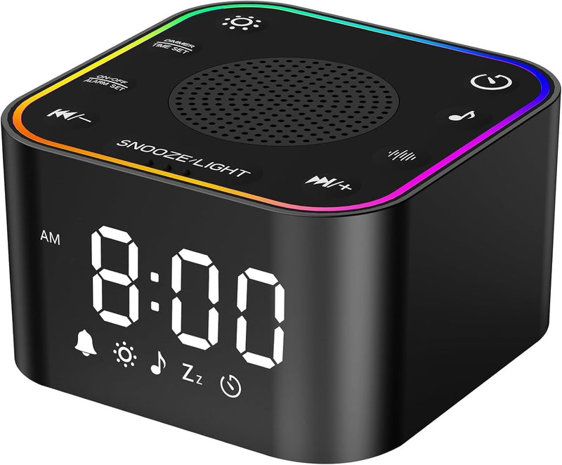 Sound Machine with Alarm Clock: 30 Non-Looping Sleep Sounds - White Noise Alarm Clock for Natural Wake Up - Adjustable Volume & Light, Memory Function, Sleep Timer (Black) Black 3.15*3.15*1.85 Inch