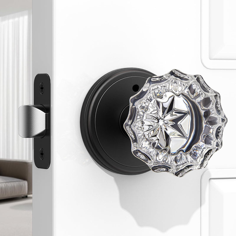 1 Pack Crystal Door Knob, Rosette Shaped Glass Door Knobs Interior with Lock, Matte Black Door Knobs Interior Glass 1