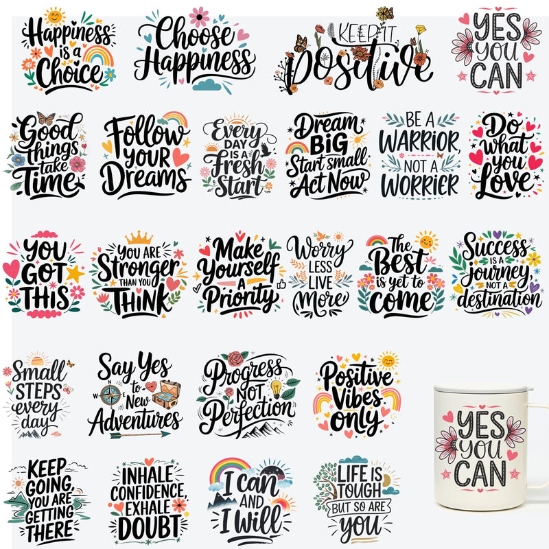 24pcs UV DTF Cup Wraps Heart Wildflower Tree Stickers for Ceramic Mug Inspirational uvdtf Transfer Decals for Glass Cups Positive Black Words UVDTF Decals for Furniture DIY Crafts CD40