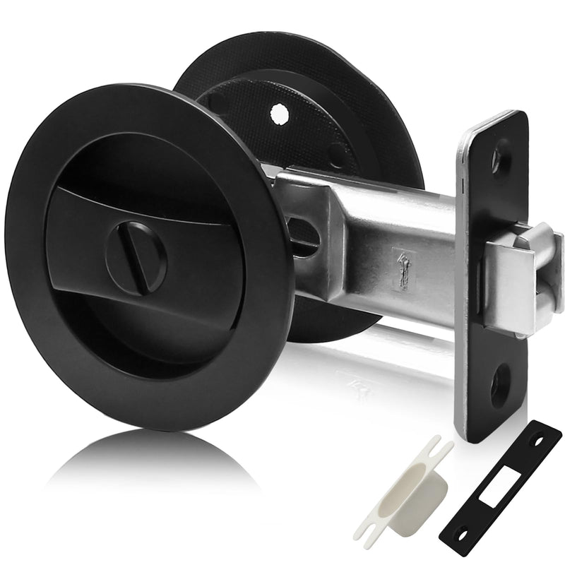 Pocket Door Lock, Matte Black Pocket Door Hardware Round Door Lock, Privacy Sliding Bifold Door Locks for Bathroom Bedroom Round/ Privacy (rotary knob)