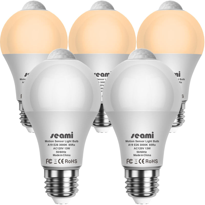 Motion Sensor Light Bulb, Indoor Motion Activation Detector Light Bulb, Dusk to Dawn Security Night Light A19 E26 13W Equivalent 100W 3000K Warm White, 5 Packs (A19PIRX301) A19PIRX301