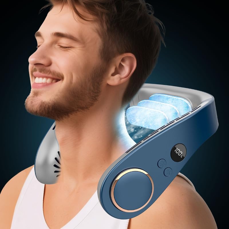 Neck Air Conditioner with Cooling Plate,Portable Neck Fan Air Conditioner,Recargable Long Life Bladless Personal Fan for Neck,Silent Headphone Round Conditioning Unit Gadgets for Travel Camping Disney Blue