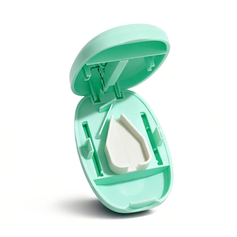 Safety Pill Splitter with Blade Shield, Travel Pill Cutter with V-Shaped Silicone Rubber Holder, Portable Medicine Slicer with Storage Compartment (Green) Green