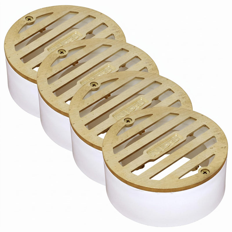 NDS 909B*, 3-Inch Round Grate with Collar, Connects to 2-Inch Drain Pipe and 3-Inch Drain Fittings, for Small Lawns, Landscaping and Patios, White Plastic and Satin Brass (Pack of 4) Pack of 4