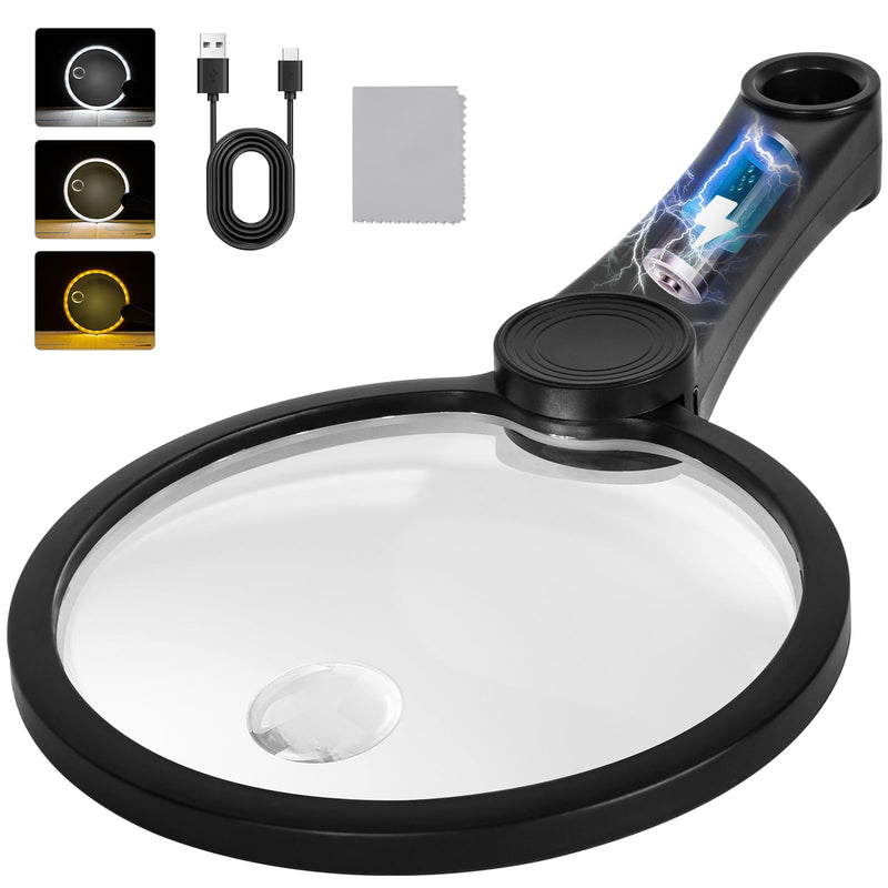 5.2 Inch Large Rechargeable Magnifier with Light, 30X 40X 60X Handheld Magnifying Glass with 49 Anti-Flicker LED Light, Third Gear Dimming Strongest Lighted Magnifier for Seniors Reading Coins 5.2inch Black