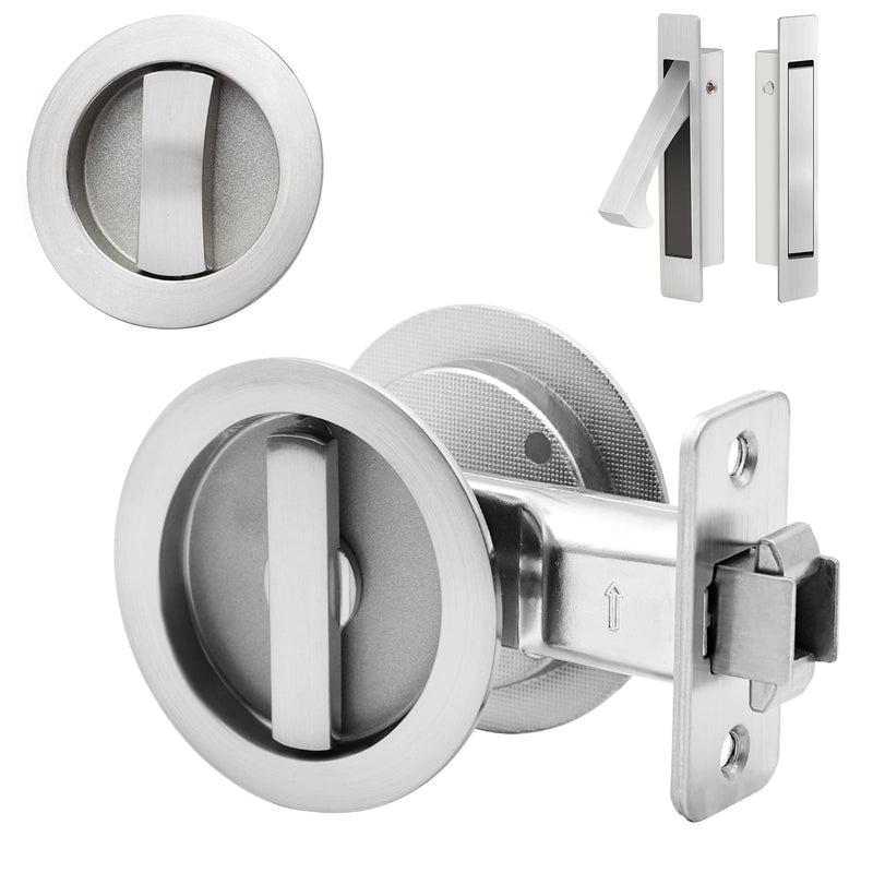 Dontay Pocket Door Passage Latches Lock,Flush Double Sided Rotation,Privacy (Bed/Bath) Latch,Large Lever,Hardware for 1 3/8" to 2 3/16" Sliding Door & Bathroom Doors (Brushed Nickel, Round - 2 Set) Brushed Nickel