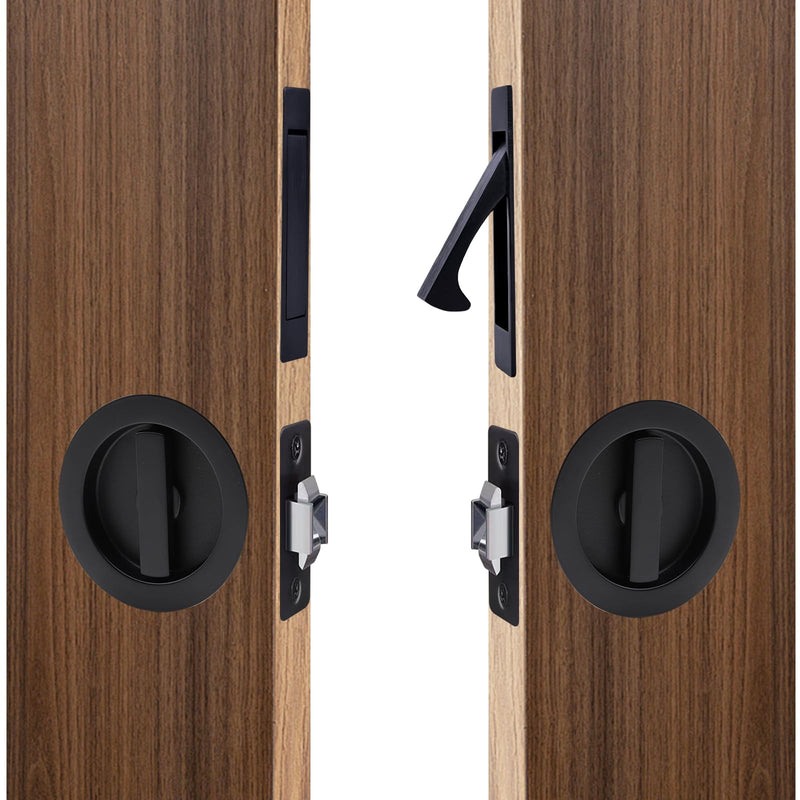 Dontay Pocket Door Passage Lock and Edge Pull, Non-Locking, Flush Mount, Low Profile Hidden Hardware, Flat Knob Handle for 1-3/8" to 2-3/16" Doors (1, Matte Black)