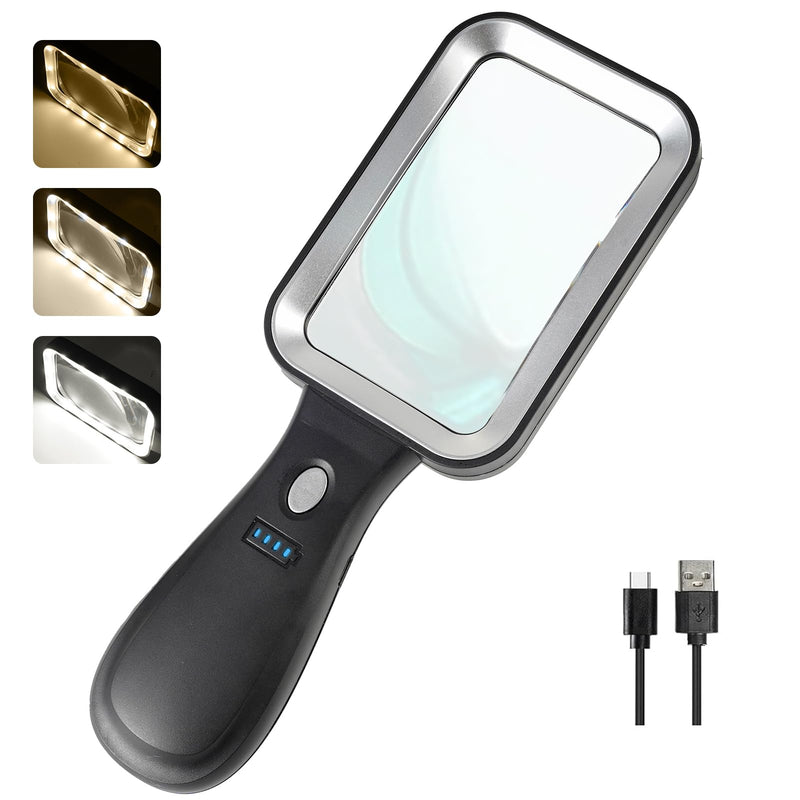 10X Magnifying Glass with Light, Rechargeable Magnifier with 3 Color Modes, Lighted Magnifying Glass Handheld for Seniors Reading Low Vision, Inspection, Close Work 10X Magnifier with LIght