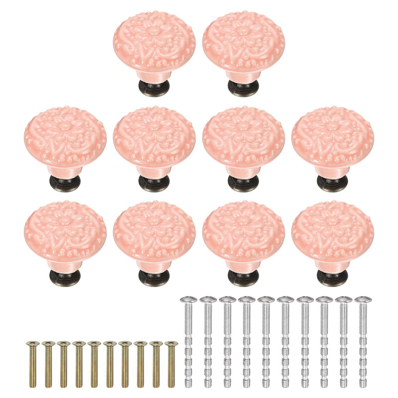 uxcell 10Pcs Ceramic Knobs, 34mm/1.34" Flower Pattern Mushroom Knob Raised Base Drawer Pull Handle Vintage Wardrobe Knobs with Screws for Vanity Bedroom Furniture Closet, Pink 10
