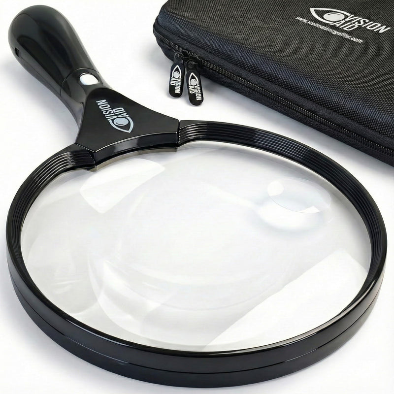 Large 5.5" Magnifying Glass with LED Light (USB Rechargeable) and Hard Case — 3.0X Handheld Illuminated Magnifier Loupe for Reading, Low Vision, Jewelry, Coins, Hobbies, Fine Print. 5.5 inches
