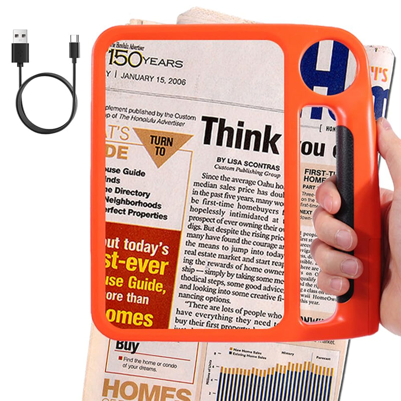 5X 10X Full Page Magnifying Glass for Reading, Rechargeable with 48 Adjustable LED Lights & 3 Light Modes, Comfort-Grip & Lightweight Handheld Magnifier for Seniors, Reading Aid, Low Vision(Orange) Orange