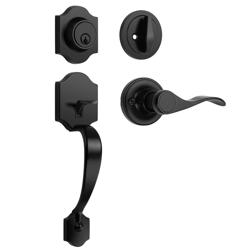 Probrico Black Heavy Duty Front Entry Handleset,Entry Door Locksets with Deadbolt Single Cylinder,Passage Lock Grip Handle with Wave Lever and Deadbolt Set,1 Set 1