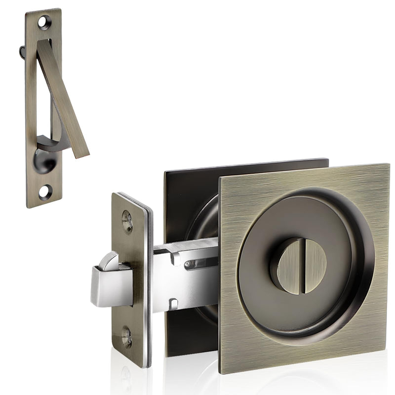 Dontay Pocket Door Privacy Lock and Pull, Stainless Steel 304 Contemporary Pocket Door Knob, Flush Door Handles, Privacy (Bed/Bath) Latch, 2-3/8" Backset, Sliding Barn Hardware (1, Antique Brass) 1