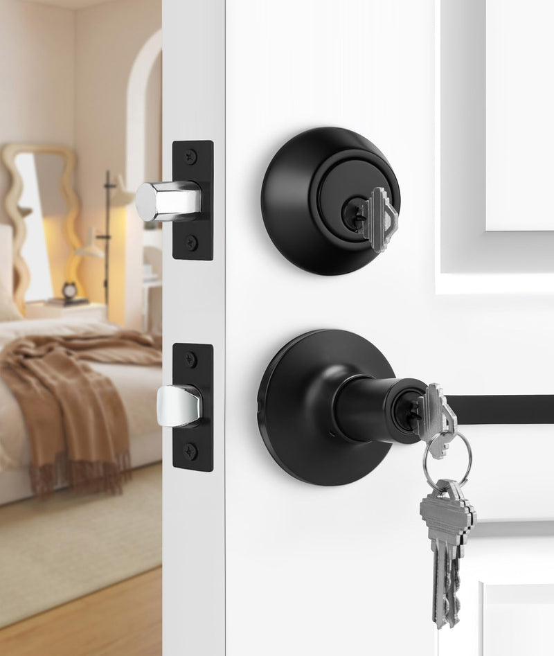 Haidms Black Exterior Door Handle Set with Deadbolt, Front Door Lock Set, Matte Black Door Lever and Single Cylinder Deadbolt, Entry Door Locksets, Heavy Duty Zinc Alloy 1 Pack Lever&Deadbolt