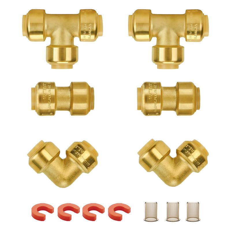 Universal Plumbing Fittings, Pex Fittings 1/2 Inch, Faucet Connector & 90° Elbow, No-Lead Brass Plumbing Adapter for PEX, Copper, CPVC Pipes. 2 set 1/2 Inch Brass Plumbing Fitting
