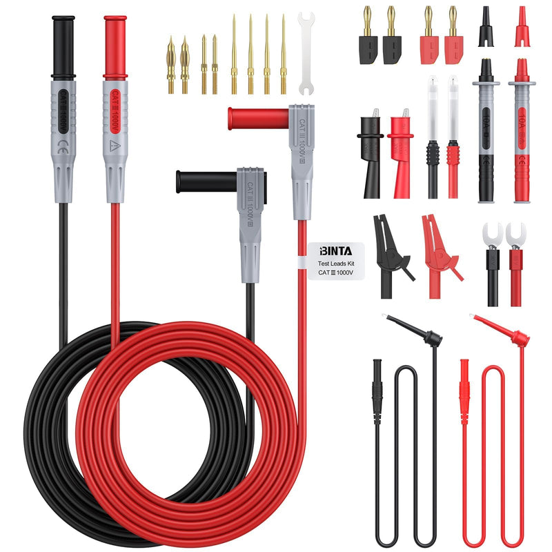 BINTA 27-Piece Silicone Multimeter Test Leads Kit with Gold-Plated Test Probes, Alligator Clips, Test Hook - CAT Ⅲ 1000V 20A Multimeter Leads Set for Industrial, Automotive, Home Electrical Testing 27PCS