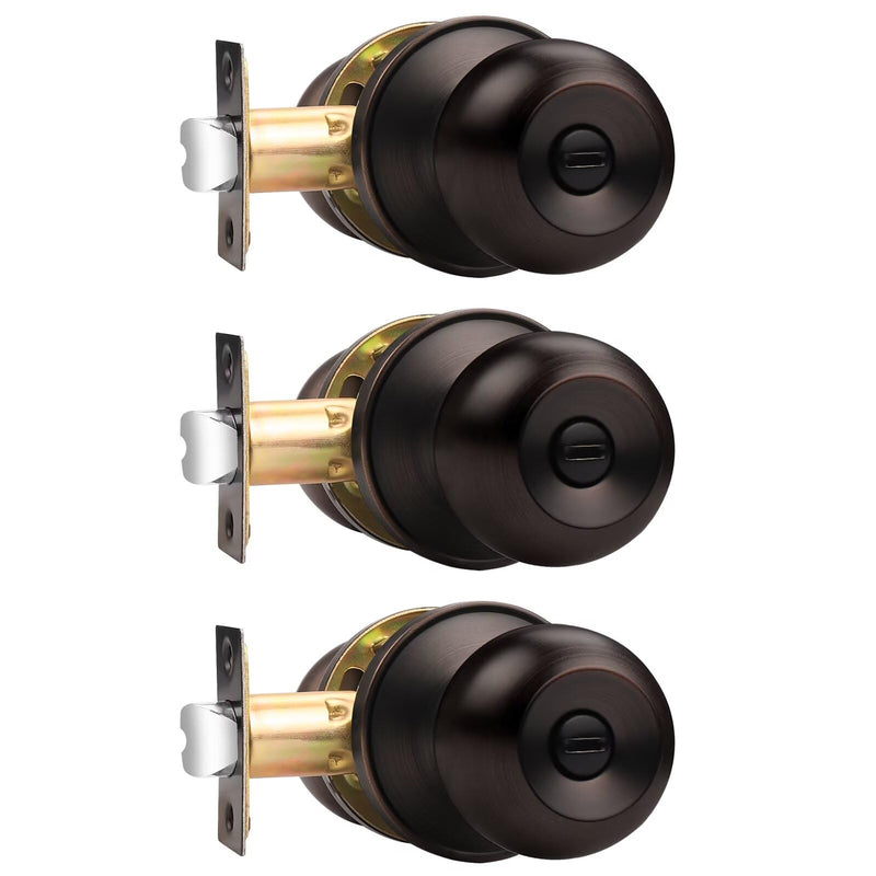 Probrico 3 Pack Round Ball Interior Door Knobs, Privacy Oil Rubbed Bronze Door Knobs, Door knobs Interior with Lock for Bathroom Bedroom