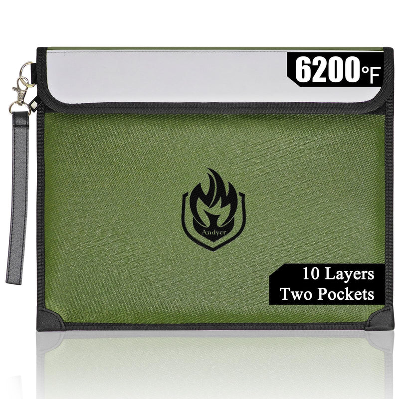 2 Pockets Fireproof Document Bag 6200°F, 10 Layers Waterproof Fireproof Money Bag for Cash with Reflective Strip, Heat Insulated Waterproof Document Holder Pouch, Fire Safe Storage (Green) Green
