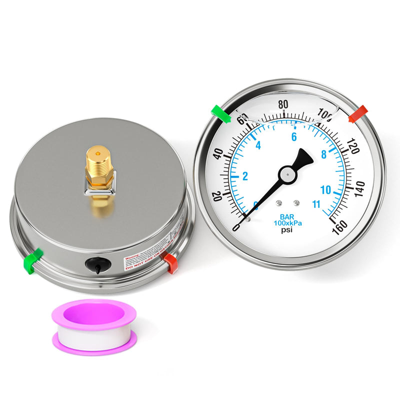 0-160PSI Stainless Steel Liquid Filled Pressure Gauge, 4" Dial Size, 1/4" NPT Back Mount, for Tube, Water Pump, Gas, Liquid, Pressure Test (with Range Mark Pointer) 0-160 psi Back Mount - 4" Dial