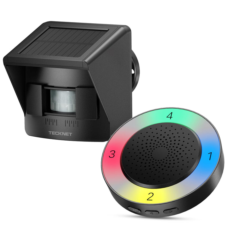 TECKNET Solar Wireless Driveway Alarm with 2600FT Long Range & 36 Melodies & 5 Volumes and Supports 4 Zones Weatherproof Motion Sensor Alarm to Protect Inside/Outside Property (1 Receiver 1 Sensor) RGB Receiver and Sensor