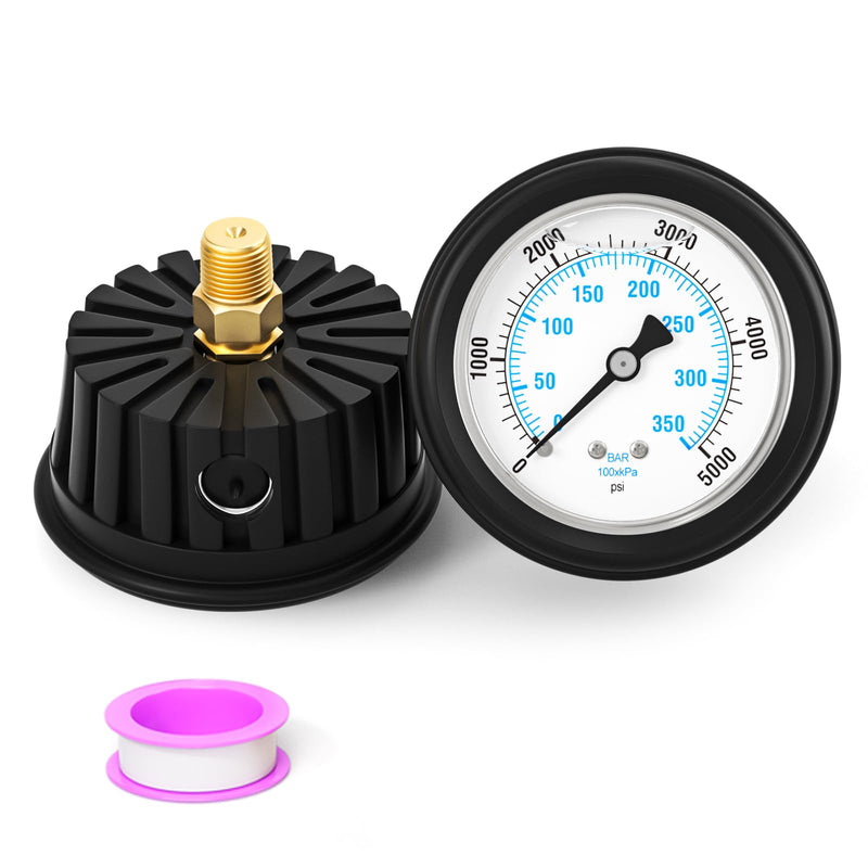0-5000PSI Stainless Steel Liquid Filled Pressure Gauge, 2.5" Dial Size, 1/4" NPT Back Mount, with Rubber Protective Sleeve, for Tube, Water Pump, Gas, Liquid, Pressure Test 0-5000Psi BackMount