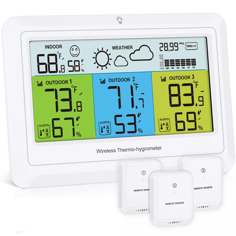 Weather Station Wireless Indoor Outdoor with 3 Sensors, Home Weather Stations Digital Thermometer Humidity for Home with Alert, Barometer Pressure, Backlight, Forecast Station