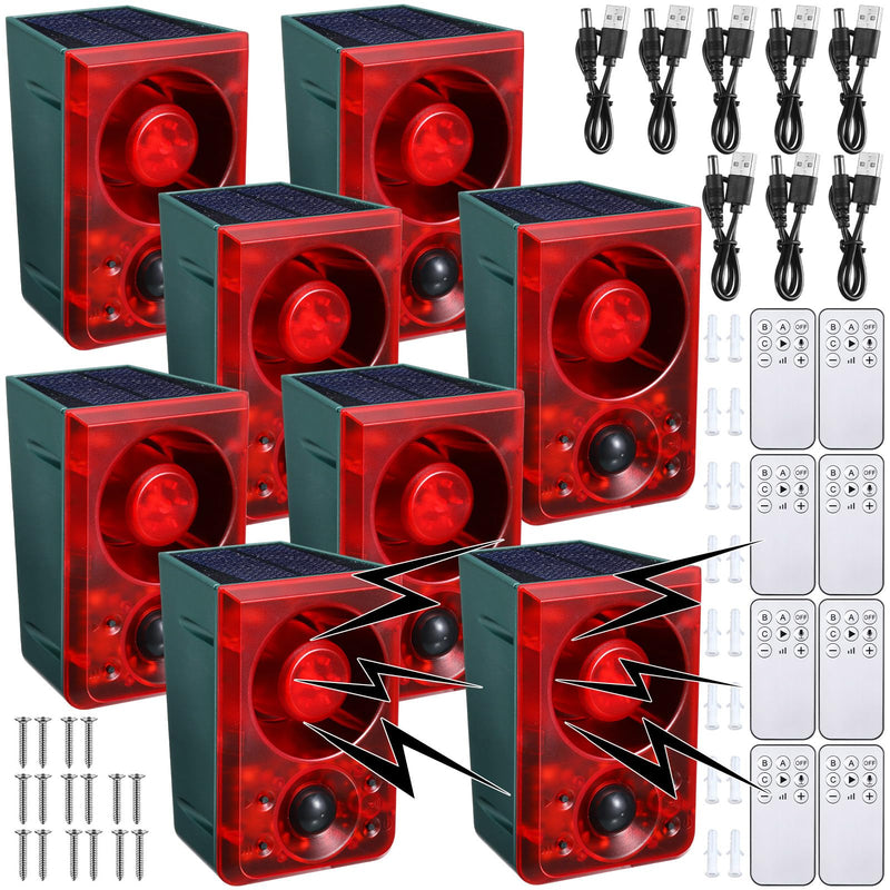 Qualirey 2 Pcs Solar Outdoor Motion Sensor Alarm Animal Deterrent Gunshot Sound Dog Barking 130db Loud Noise Maker 3 Modes with USB Remote Control, Support Recording and Volume Adjustment (Red) Red