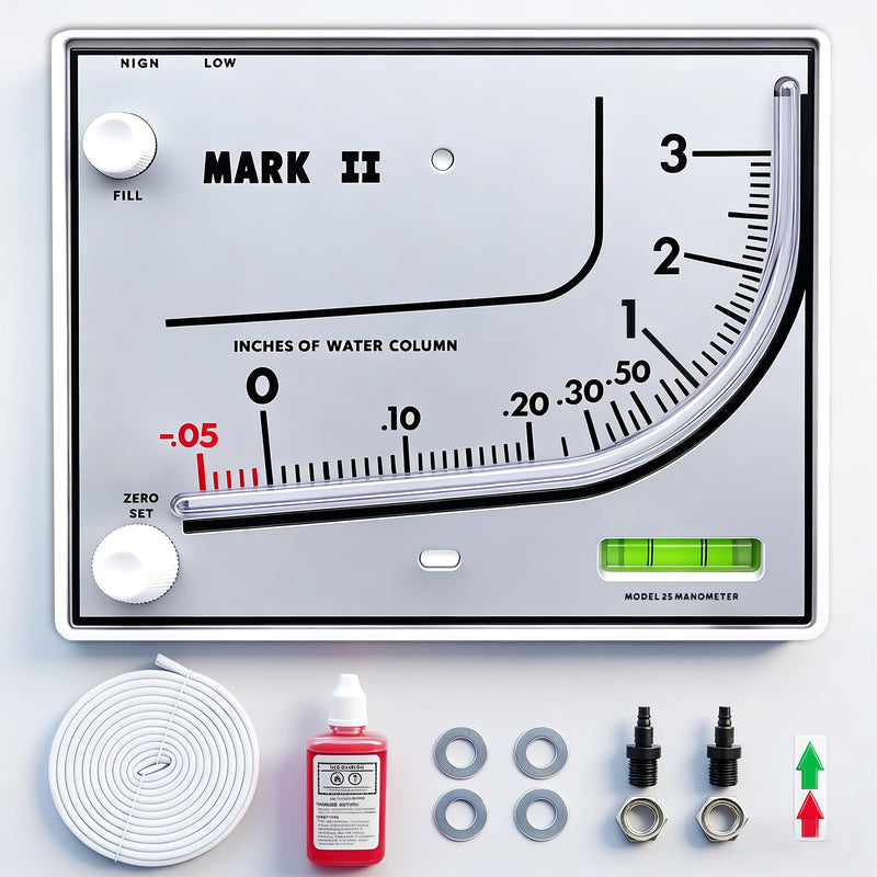 Mark II 25 Liquid Filled Manometer, 3" wc, 3% Accuracy for Pressure Testing | Ideal for furnace, duct, filter and gas pressure checks. Compatible with Dwyer
