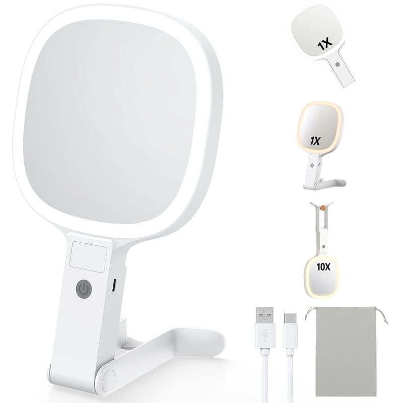 Gospire 6.8" Travel Vanity Mirror, 3-in-1 Hanging/Handheld/Desktop Use with Dual-Side Buttons, 1X/10X Magnification, 3-Color Dimmable LED, Auto Memory + Velvet Pouch (White) White
