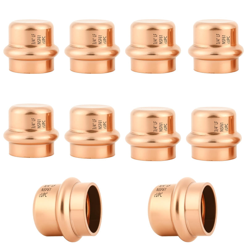 10-Pack YVSKM 3/4" Copper Press Cap, Lead-Free Copper Pipe Fitting End Cap for Press Plumbing Systems, Hot & Cold Water, Potable Water Applications 3/4 inch 10-pack