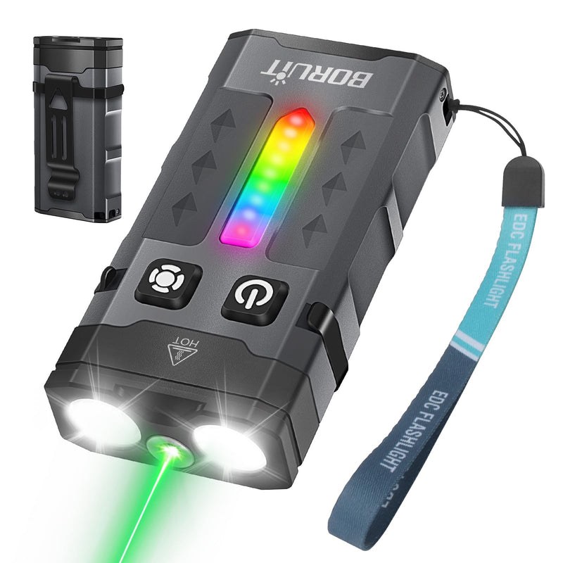 BORUIT EV20L LED Rechargeable Small EDC Flashlight with Green Beam,Pocket Keychain Flashlights with RGB Side Light,IP66 Waterproof,Clip & Tail Magnet for Outdoors Emergency Camping,Aluminum Black Green Beam Version