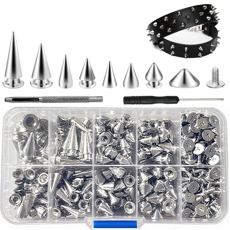 354 Pieces Punk Spikes and Studs Kit - 8 Sizes Cone Spikes, Metal Tree Spikes Studs for Leathercraft, Punk Clothing DIY Accessories (Silver) Silver