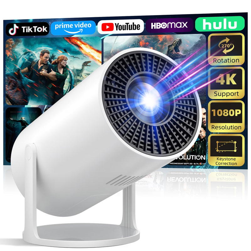 Mini Projector Portable Proyector 4K Support, Full HD 1080P Small Projector with 270° Rotatable Stand, Movie Projector Compatible with TV Stick/Smartphone/HDMI/USB for Bedroom/ Outdoor Camping White
